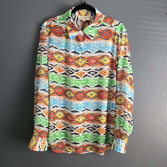 Jones New York Tops - Jones New York Southwestern Aztec Print Roll Tab Sleeve Sheer Blouse 1X